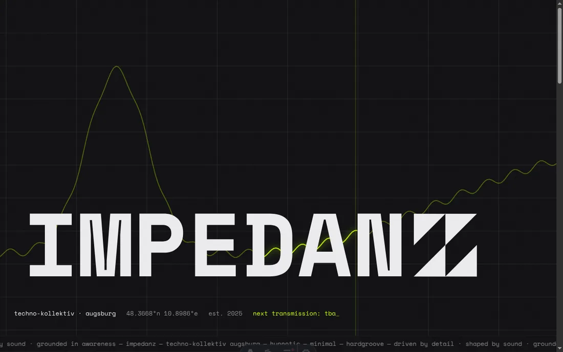 Screenshot der Website impedanz.net: Terminal-Ästhetik mit kommender Veranstaltung und Event-Archiv