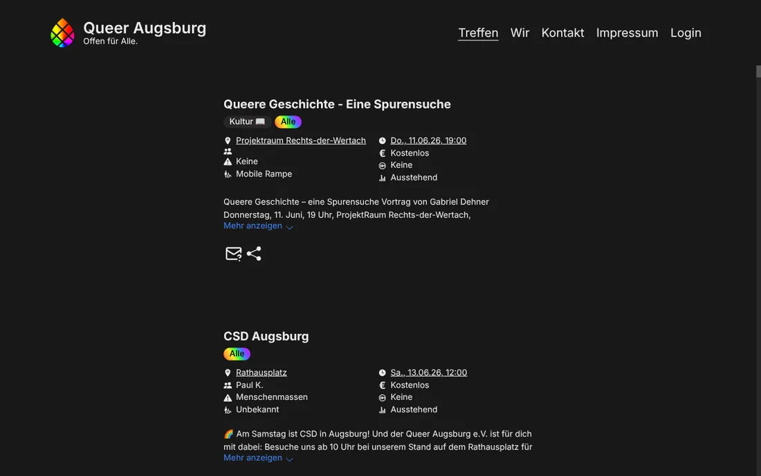 Screenshot von queer-augsburg.de: Veranstaltungsliste mit Terminen, Orten und Barrierefreiheits-Angaben