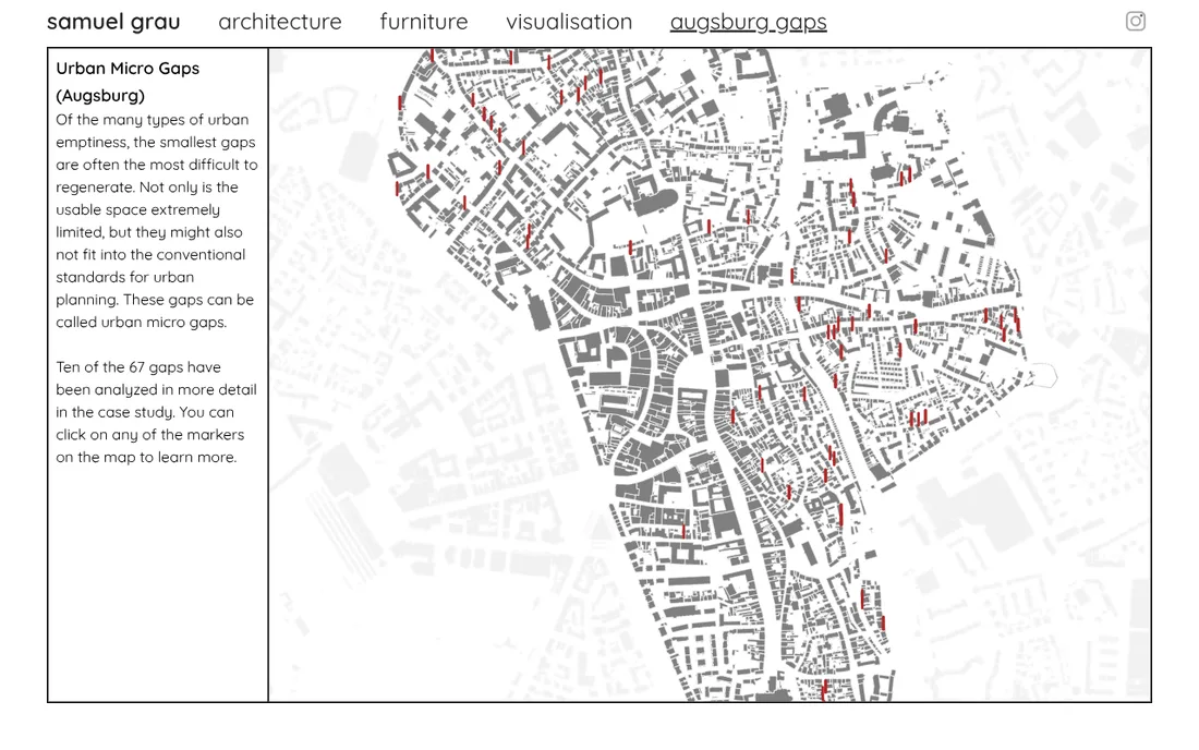 Screenshot von samuelgrau.com: Stadtkarte von Augsburg mit anklickbaren Markern der Fallstudie Urban Micro Gaps